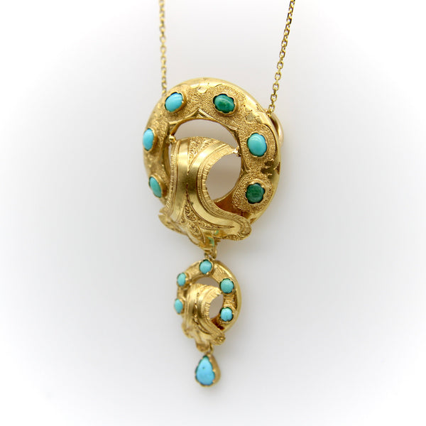 Victorian Etruscan Revival 14K Gold and Turquoise Cabochon Necklace Pendant Kirsten's Corner Jewelry 