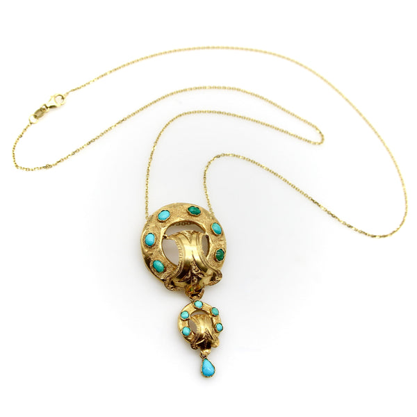 Victorian Etruscan Revival 14K Gold and Turquoise Cabochon Necklace Pendant Kirsten's Corner Jewelry 