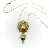 Victorian Etruscan Revival 14K Gold and Turquoise Cabochon Necklace Pendant Kirsten's Corner Jewelry 