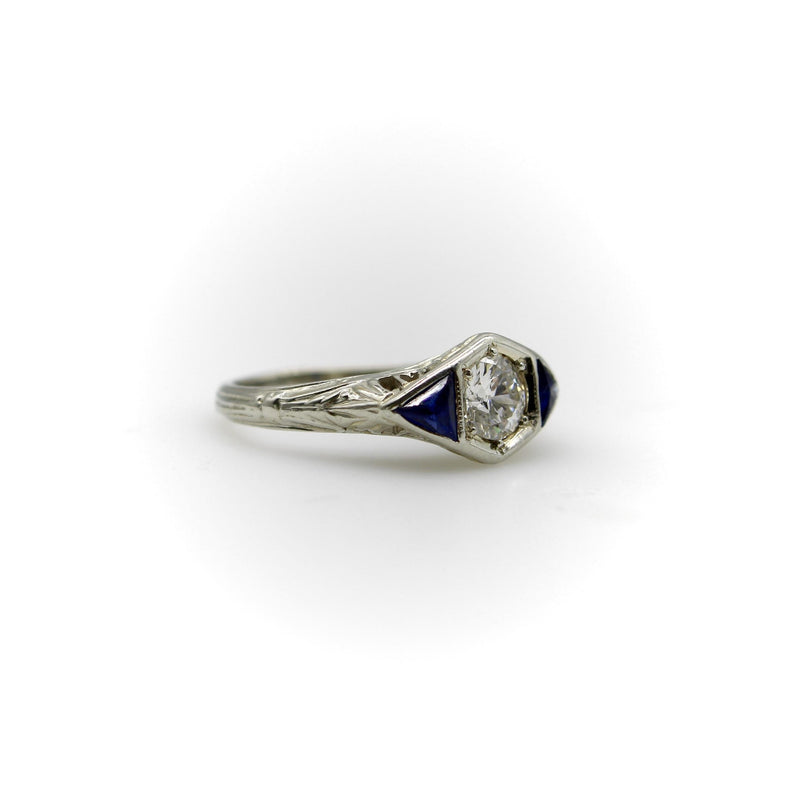 Art Deco 14K White Gold Diamond and Sapphire Ring Kirsten's Corner 
