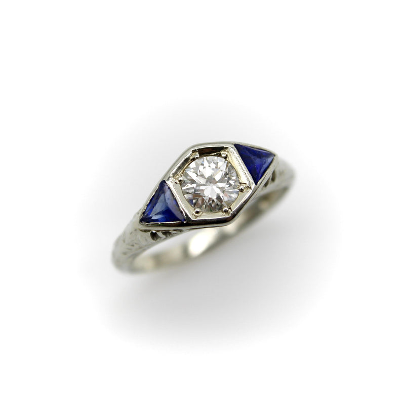 Art Deco 14K White Gold Diamond and Sapphire Ring Kirsten's Corner 