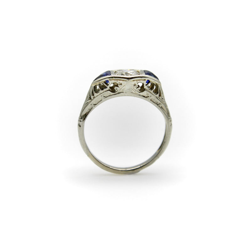 Art Deco 14K White Gold Diamond and Sapphire Ring Kirsten's Corner 