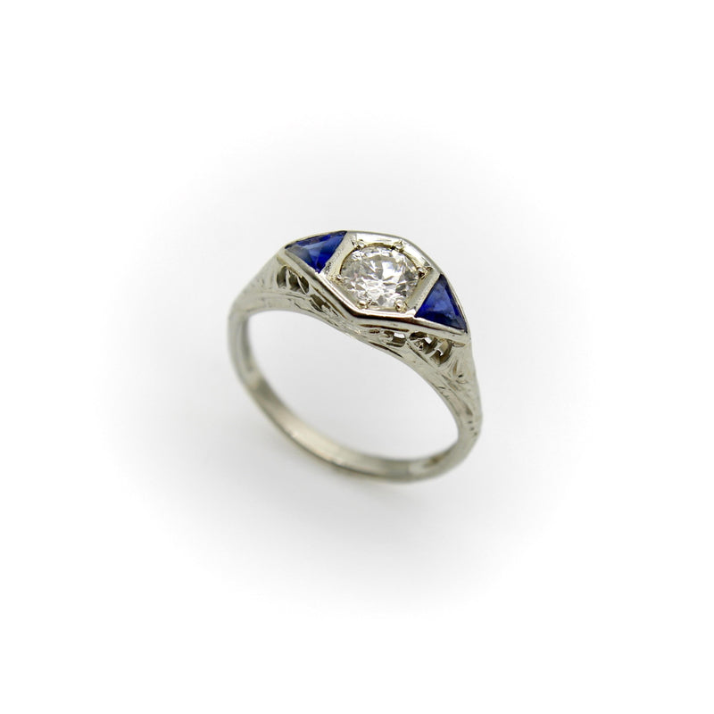 Art Deco 14K White Gold Diamond and Sapphire Ring Kirsten's Corner 