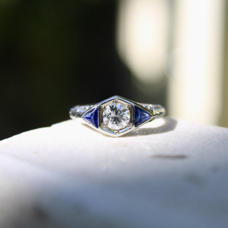 Art Deco 14K White Gold Diamond and Sapphire Ring Kirsten's Corner 