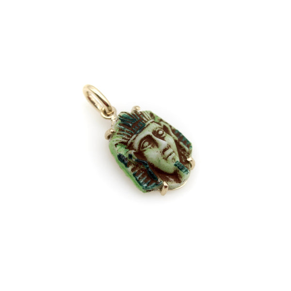 Art Deco Egyptian Revival Faience Pharaoh in 14K Gold Mount Pendant / Charm Kirsten's Corner 