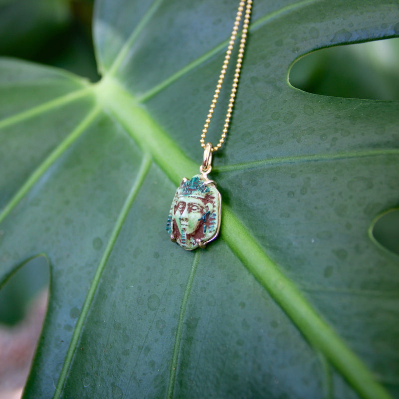 Art Deco Egyptian Revival Faience Pharaoh in 14K Gold Mount Pendant / Charm Kirsten's Corner 