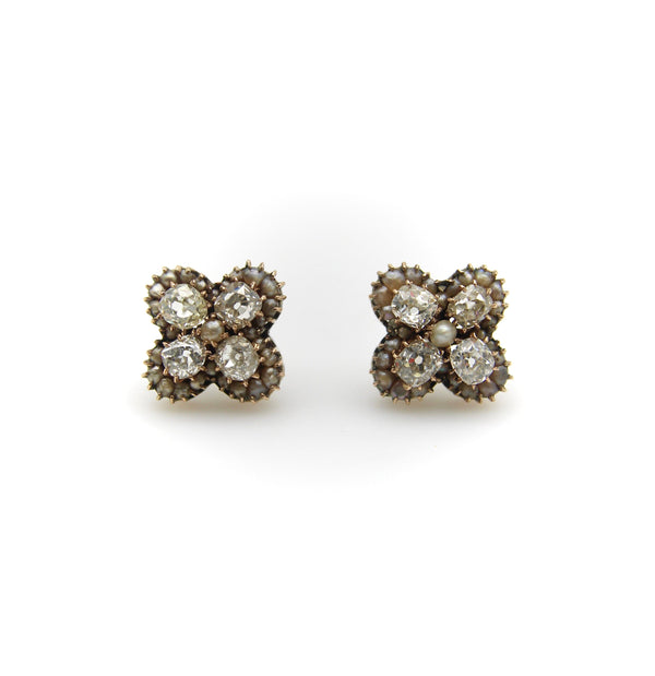 Victorian 14K Gold Old Mine Cut Diamond and Pearl Quatrefoil Earrings Earrings Kirsten's Corner 