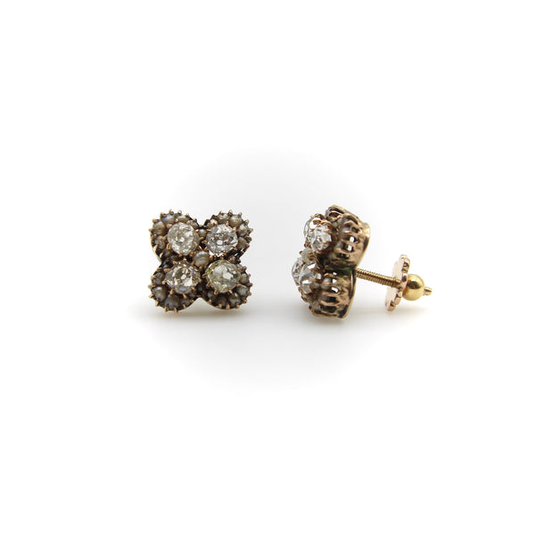 Victorian 14K Gold Old Mine Cut Diamond and Pearl Quatrefoil Earrings Earrings Kirsten's Corner 