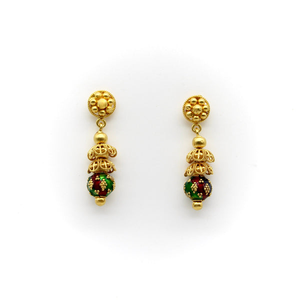 22K Gold Indian Cannetille Dangle Earrings with Multi Color Enamel Earrings Kirsten's Corner Jewelry 