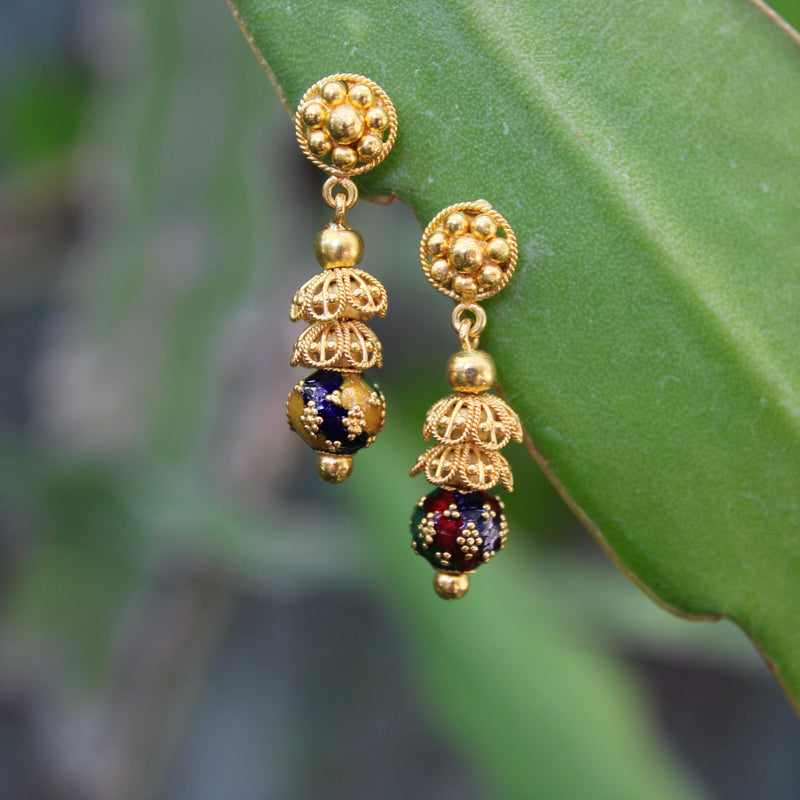 22K Gold Indian Cannetille Dangle Earrings with Multi Color Enamel Earrings Kirsten's Corner Jewelry 