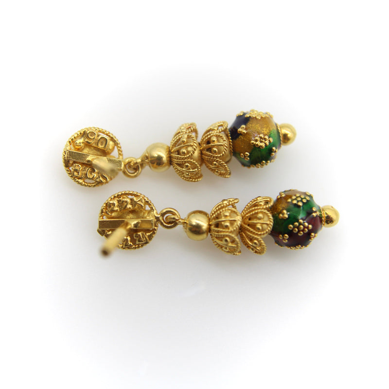22K Gold Indian Cannetille Dangle Earrings with Multi Color Enamel Earrings Kirsten's Corner Jewelry 