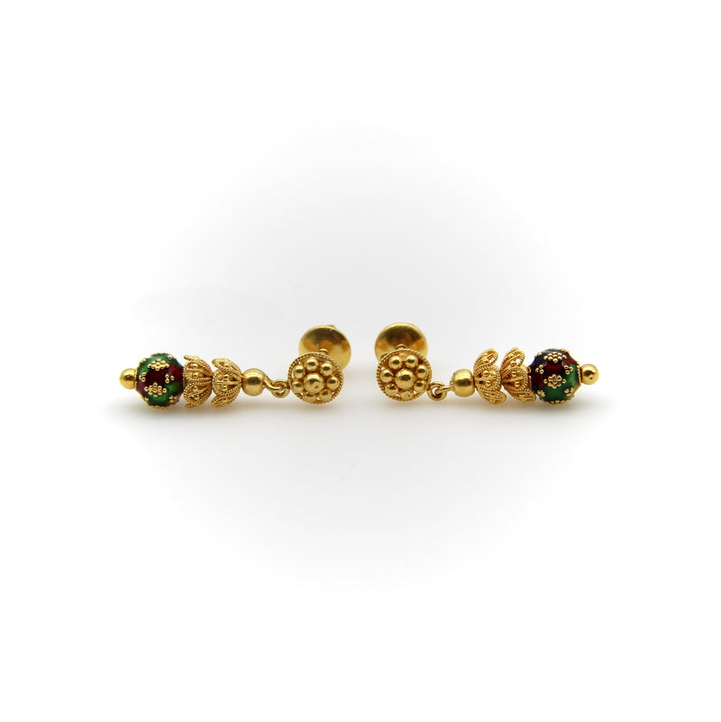 22K Gold Indian Cannetille Dangle Earrings with Multi Color Enamel Earrings Kirsten's Corner Jewelry 