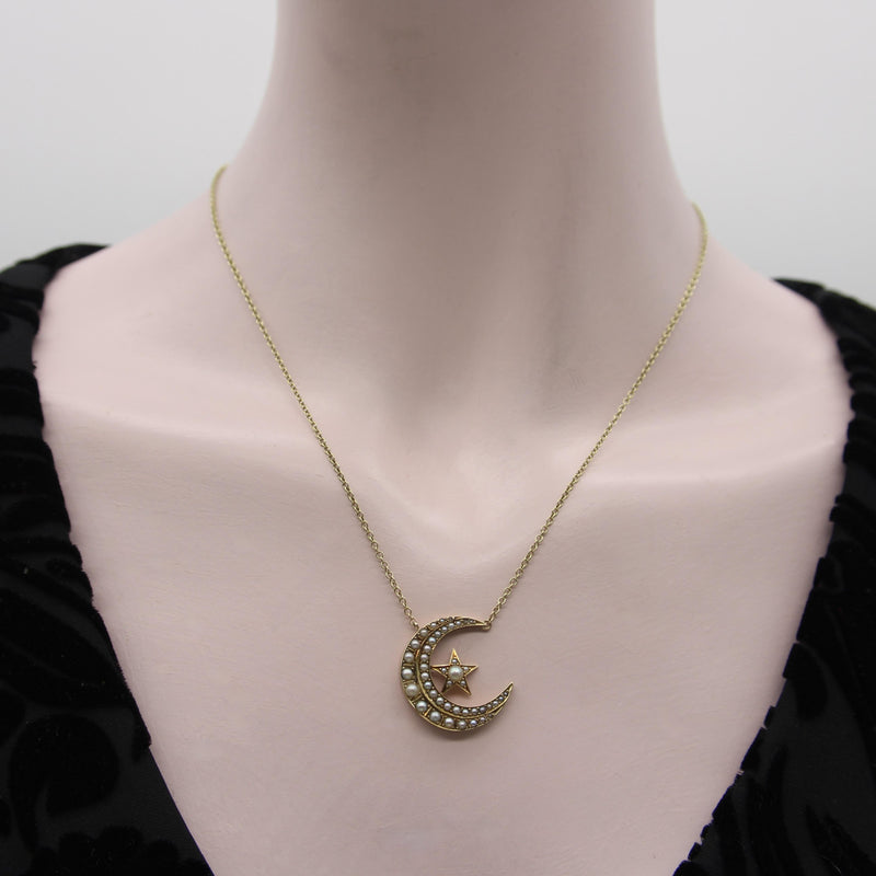 Victorian 14K Gold Crescent Moon and Star Pendant with 9K Gold Chain Kirsten's Corner 
