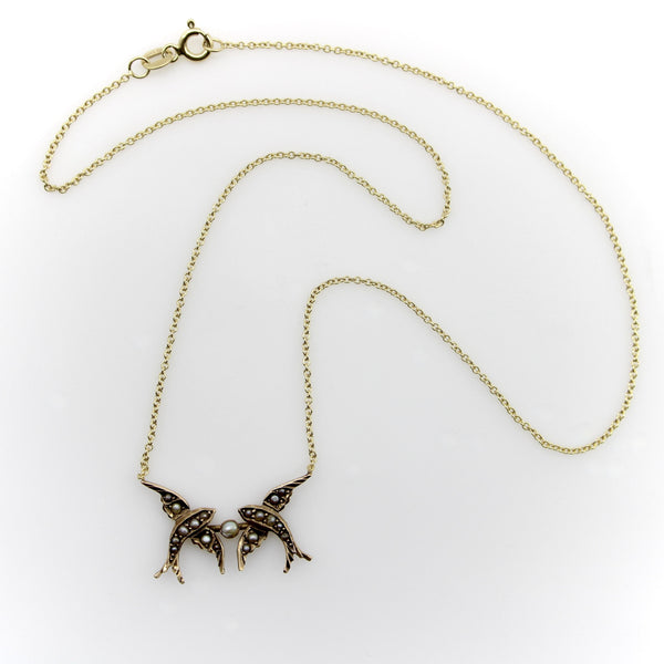 14K and 9K Gold Victorian Double Swallow Pendant Necklace Kirsten's Corner 