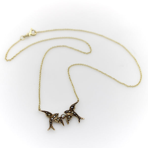 14K and 9K Gold Victorian Double Swallow Pendant Necklace Kirsten's Corner 