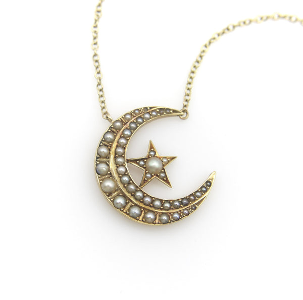 Victorian 14K Gold Crescent Moon and Star Pendant with 9K Gold Chain Kirsten's Corner 