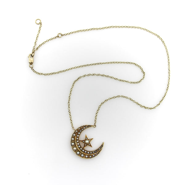 Victorian 14K Gold Crescent Moon and Star Pendant with 9K Gold Chain Kirsten's Corner 