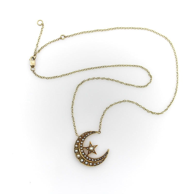 Victorian 14K Gold Crescent Moon and Star Pendant with 9K Gold Chain Kirsten's Corner 