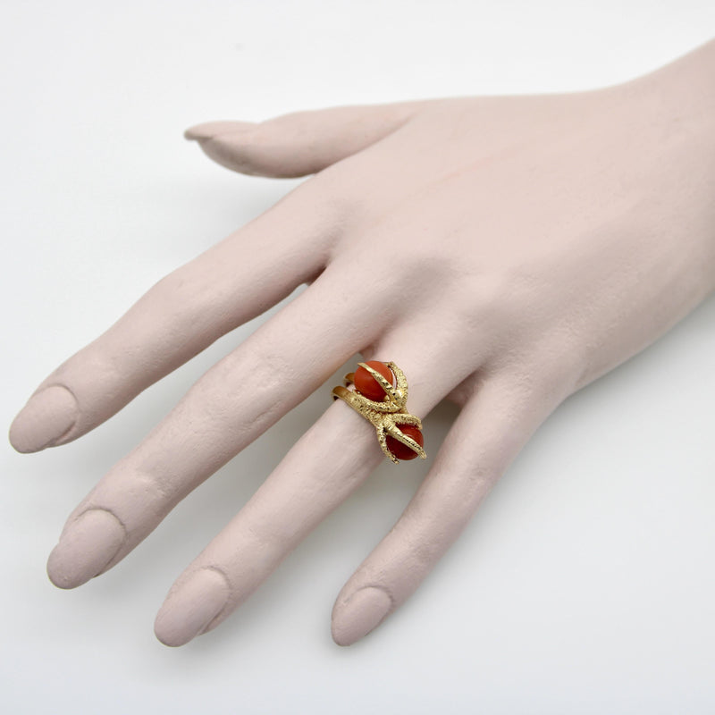 Vintage 18K Gold Sardinian Red Coral Bead and Claw Ring Kirsten's Corner 