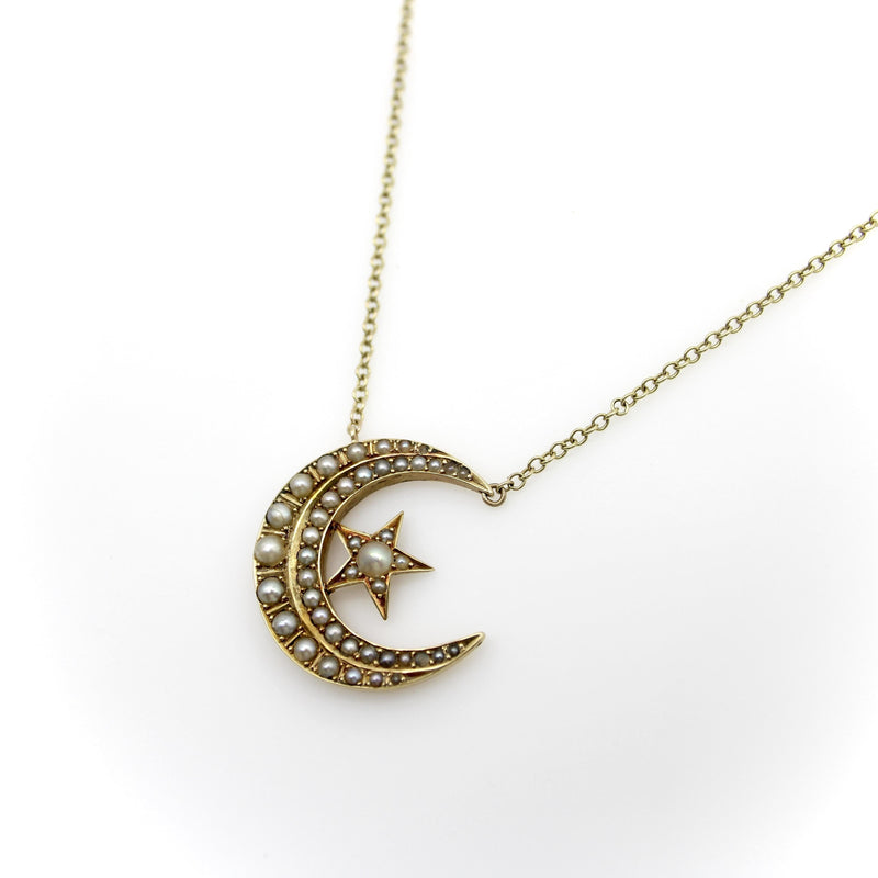 Victorian 14K Gold Crescent Moon and Star Pendant with 9K Gold Chain Kirsten's Corner 