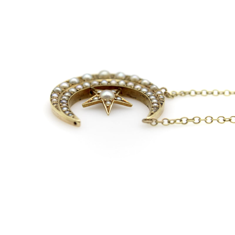 Victorian 14K Gold Crescent Moon and Star Pendant with 9K Gold Chain Kirsten's Corner 
