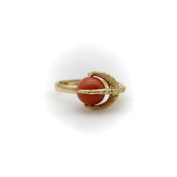 Vintage 18K Gold Salmon Coral Bead and Claw Ring Kirsten's Corner 