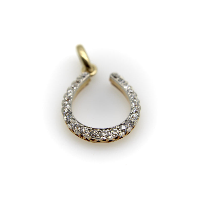Edwardian 14K Gold and Platinum Old Mine Cut Diamond Horse Shoe Pendant Kirsten's Corner 