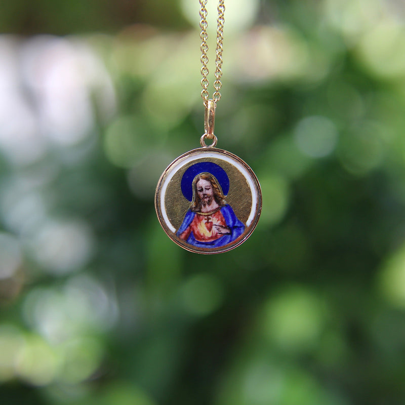Art Deco 18K Gold Hand-Painted Enamel Jesus Medallion Pendant Charm Pendant, Charm Kirsten's Corner 