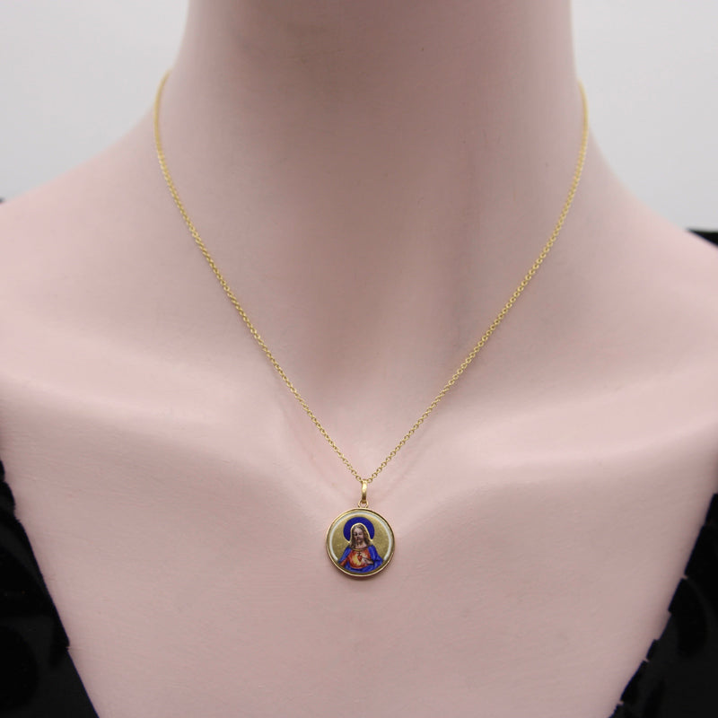 Art Deco 18K Gold Hand-Painted Enamel Jesus Medallion Pendant Charm Pendant, Charm Kirsten's Corner 