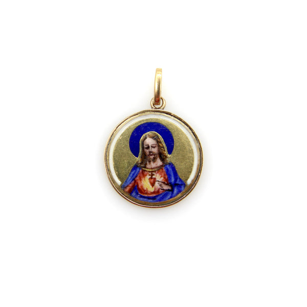 Art Deco 18K Gold Hand-Painted Enamel Jesus Medallion Pendant Charm Pendant, Charm Kirsten's Corner 