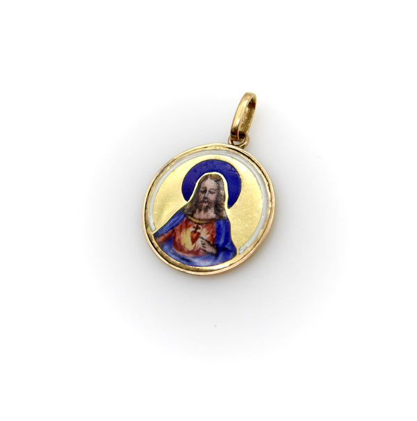 Art Deco 18K Gold Hand-Painted Enamel Jesus Medallion Pendant Charm Pendant, Charm Kirsten's Corner 