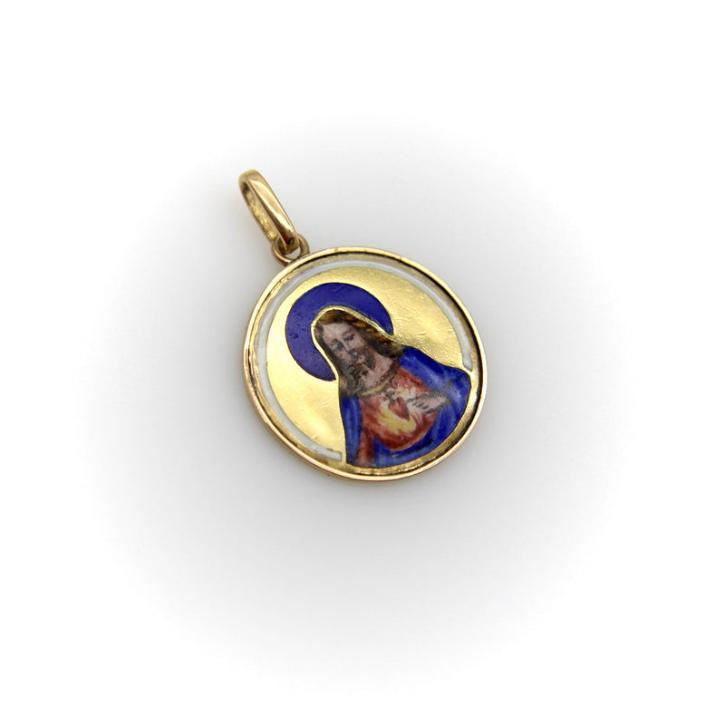 Art Deco 18K Gold Hand-Painted Enamel Jesus Medallion Pendant Charm Pendant, Charm Kirsten's Corner 