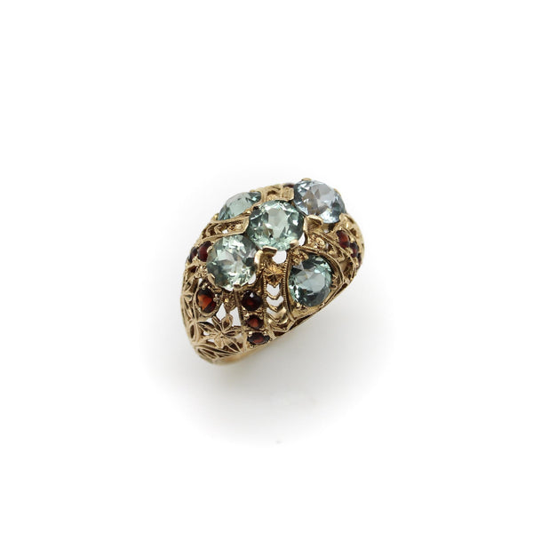14K Gold Victorian Blue Topaz and Garnet Bombe Ring Kirsten's Corner 
