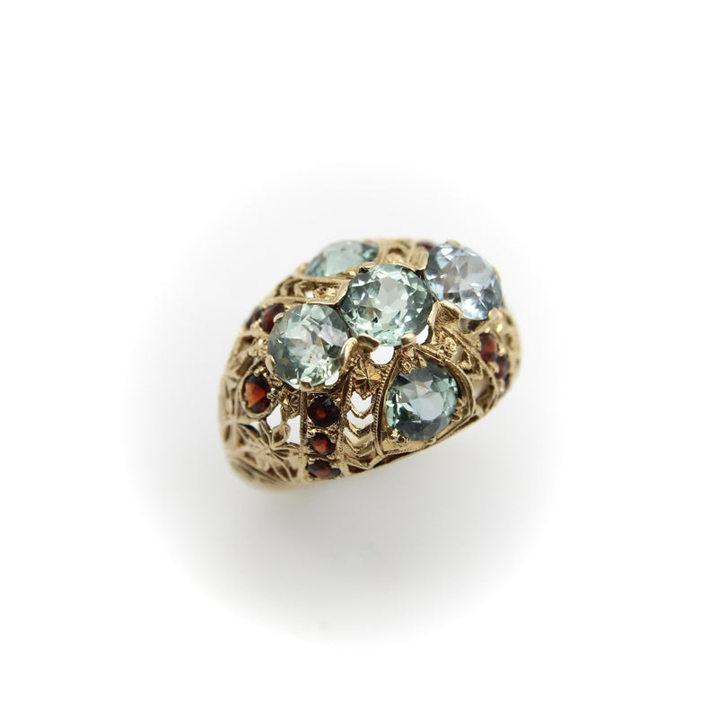 14K Gold Victorian Blue Topaz and Garnet Bombe Ring Kirsten's Corner 