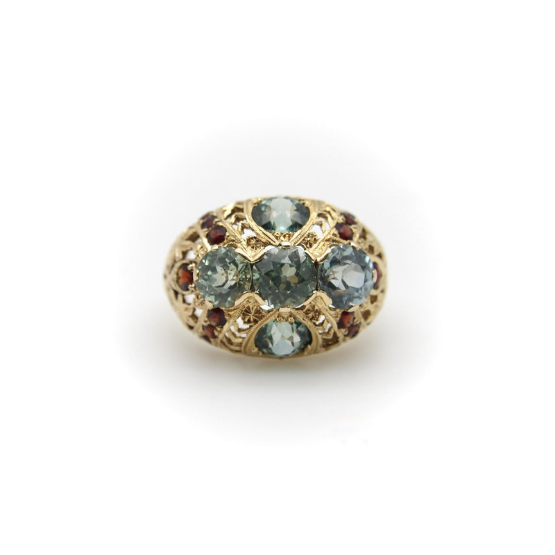 14K Gold Victorian Blue Topaz and Garnet Bombe Ring Kirsten's Corner 