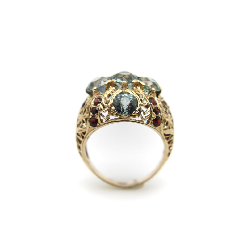 14K Gold Victorian Blue Topaz and Garnet Bombe Ring Kirsten's Corner 