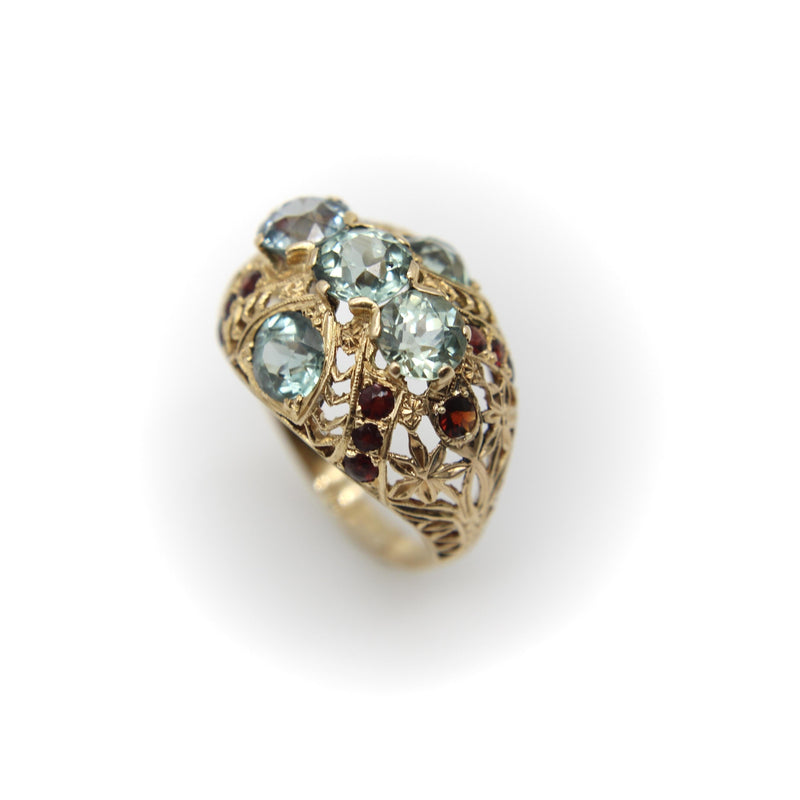 14K Gold Victorian Blue Topaz and Garnet Bombe Ring Kirsten's Corner 