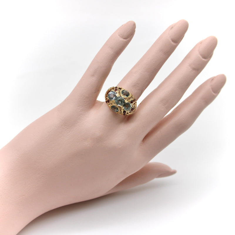 14K Gold Victorian Blue Topaz and Garnet Bombe Ring Kirsten's Corner 