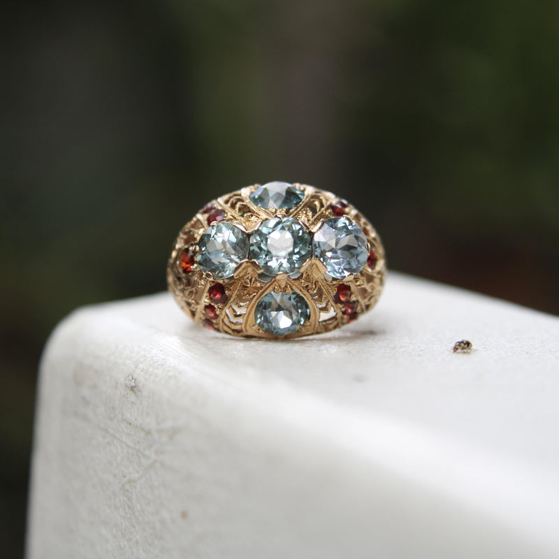 14K Gold Victorian Blue Topaz and Garnet Bombe Ring Kirsten's Corner 