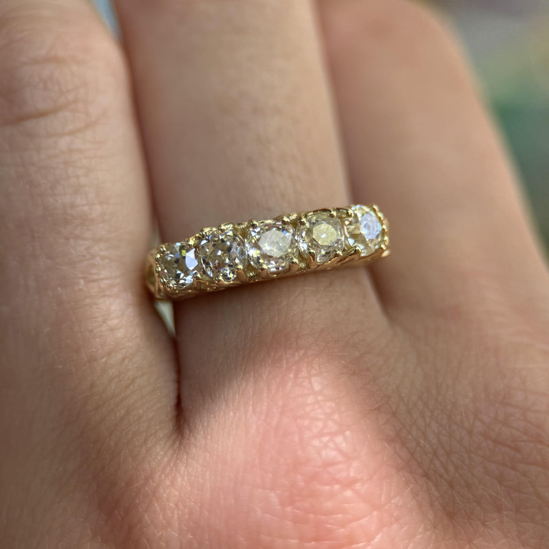 18K Gold Old Mine Cut Diamond Five Stone Signature Ring Kirsten's Corner 