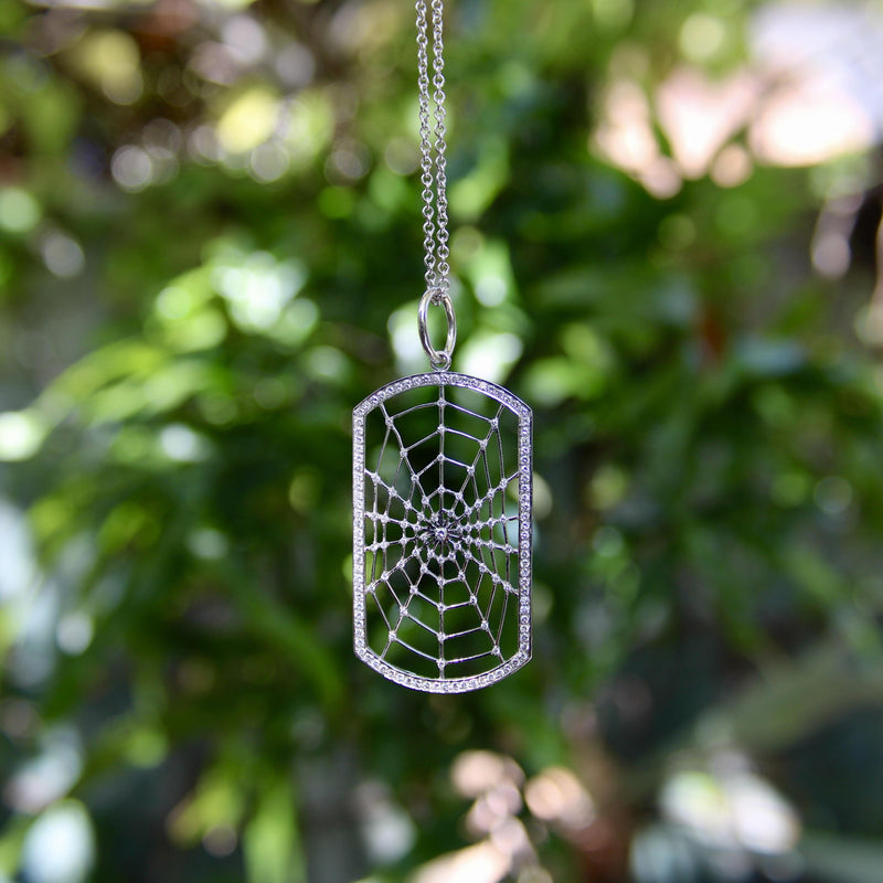 18K White Gold Dog Tag Shaped Spiderweb with Pave Diamonds on 14K Gold Chain Necklaces, Pendants Kirsten's Corner 