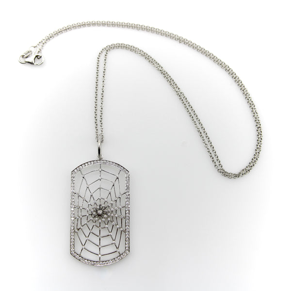 18K White Gold Dog Tag Shaped Spiderweb with Pave Diamonds on 14K Gold Chain Necklaces, Pendants Kirsten's Corner 