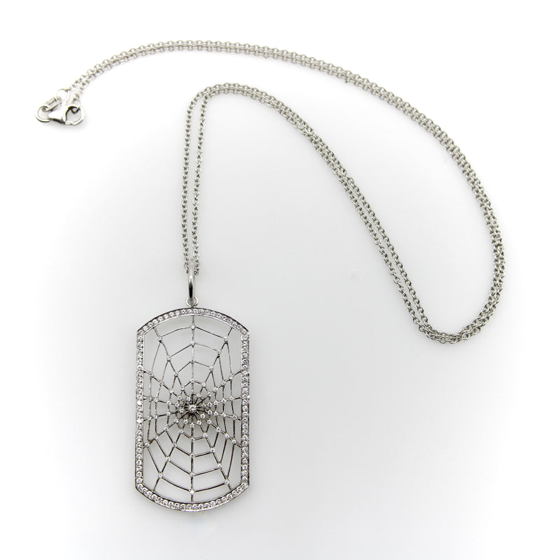 18K White Gold Dog Tag Shaped Spiderweb with Pave Diamonds on 14K Gold Chain Necklaces, Pendants Kirsten's Corner 