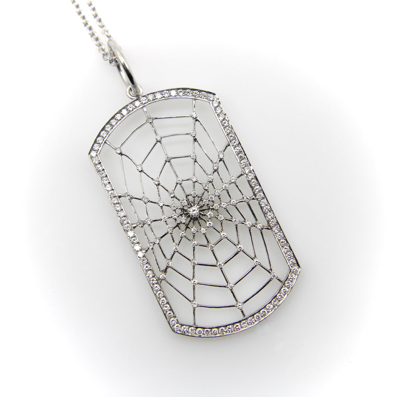 18K White Gold Dog Tag Shaped Spiderweb with Pave Diamonds on 14K Gold Chain Necklaces, Pendants Kirsten's Corner 