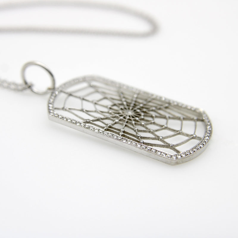 18K White Gold Dog Tag Shaped Spiderweb with Pave Diamonds on 14K Gold Chain Necklaces, Pendants Kirsten's Corner 