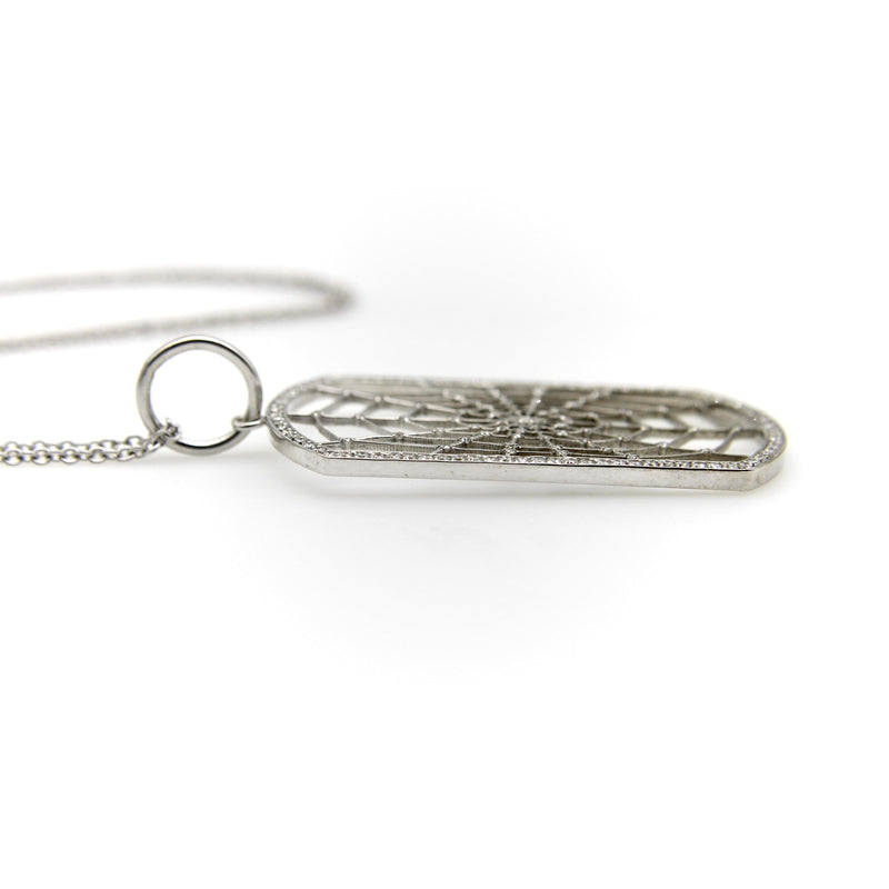 18K White Gold Dog Tag Shaped Spiderweb with Pave Diamonds on 14K Gold Chain Necklaces, Pendants Kirsten's Corner 