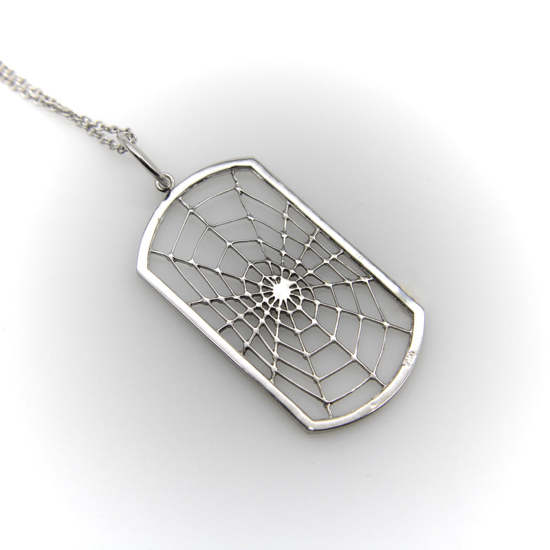 18K White Gold Dog Tag Shaped Spiderweb with Pave Diamonds on 14K Gold Chain Necklaces, Pendants Kirsten's Corner 