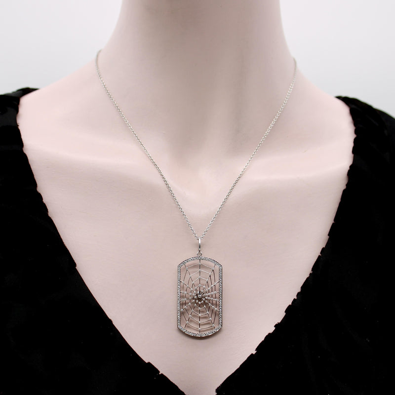 18K White Gold Dog Tag Shaped Spiderweb with Pave Diamonds on 14K Gold Chain Necklaces, Pendants Kirsten's Corner 