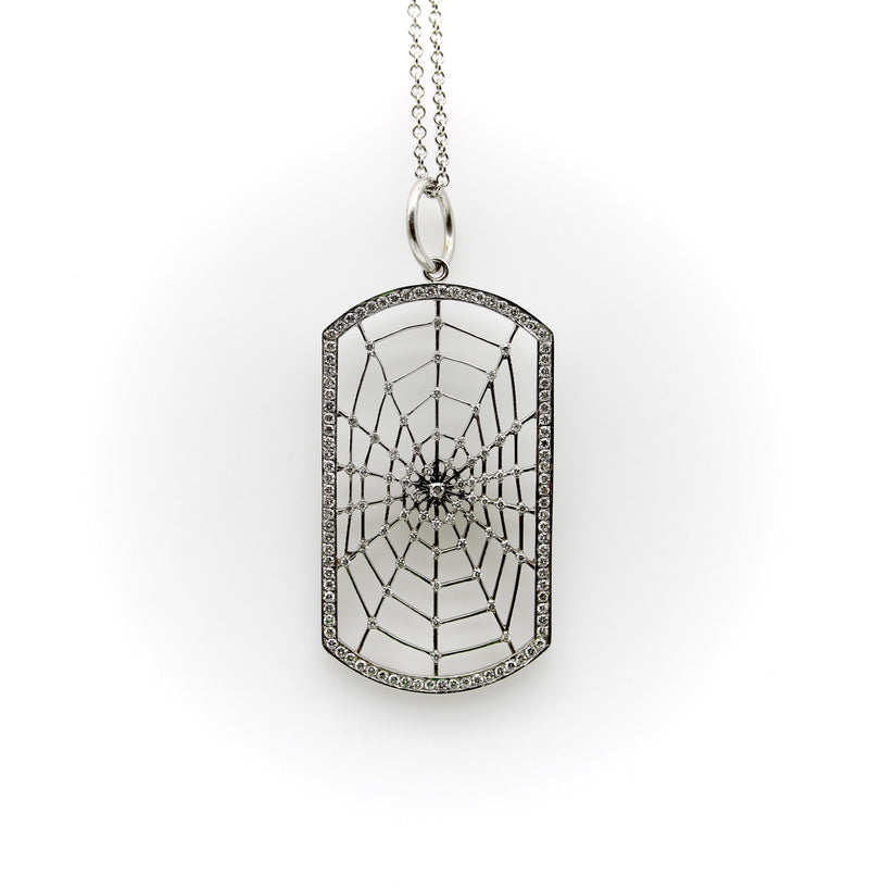 18K White Gold Dog Tag Shaped Spiderweb with Pave Diamonds on 14K Gold Chain Necklaces, Pendants Kirsten's Corner 