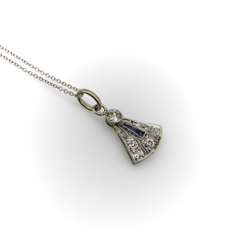 Art Deco 14K White Gold Diamond and Sapphire Pendant on 14K Gold Chain Kirsten's Corner 